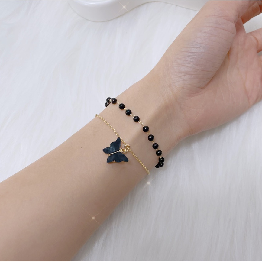 IFYOU Perhiasan Kalung Choker Gelang Mutiara Ganda Desain Kupu-Kupu Warna Hitam Gaya Vintage Untuk Wanita