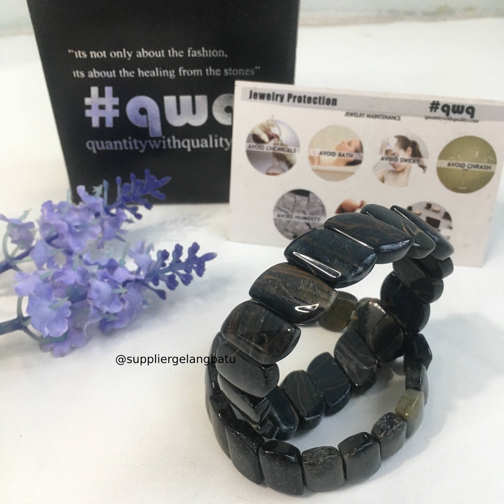 Gelang Batu BLACK TIGER EYE CUTTING PANJANG limited natural asli akik