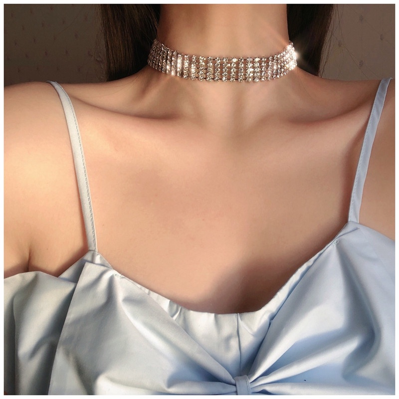 Kalung Choker Rantai Klavikula Pendek Multi layer Full Berlian Imitasi Element Untuk Wanita Klub Malam