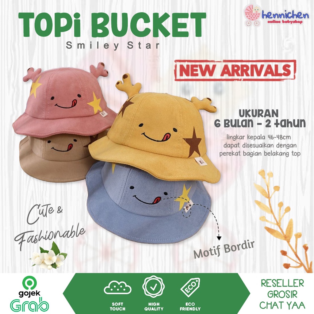 IMPORT TOPI BUCKET BAYI BORDIR BUCKET SMILEY STAR TOPI ANAK BORDIR IMPORT LUCU UNISEX 6 BULAN - 2 TAHUN