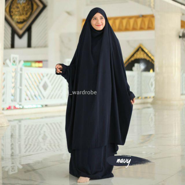 FRENCH KHIMAR . FRENCH KHIMAR RENDA . FRENCH KHIMAR MURAH SET BAHAN WOLFIS-Navy