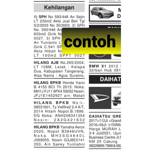 biro iklan paket 2 media koran Hilang BPKB/RUPS/LELANG dll