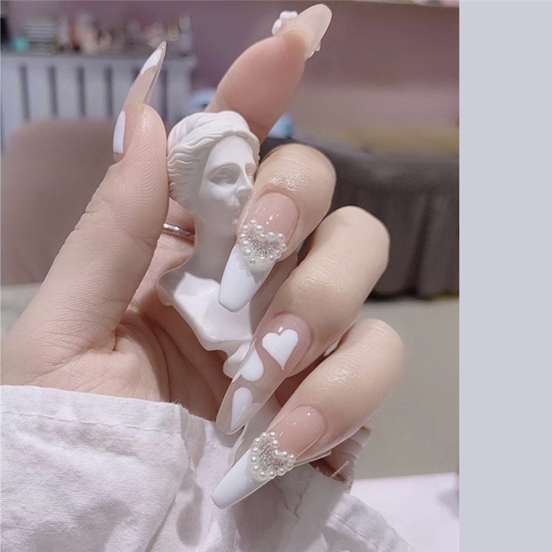 24pcs / Set stiker kuku palsu anti nail air 3d imlek kuku palsu murah pengantin panjang pendek anak bening polos wedding kaki manikur set nail sticker art
