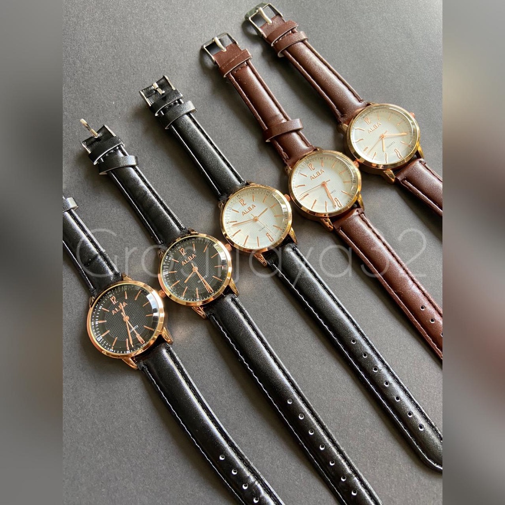 Jam Tangan ALB RUMI Quartz Analog Wanita Pria Tampilan Retro Bentuk Bulat Tali Kulit PU