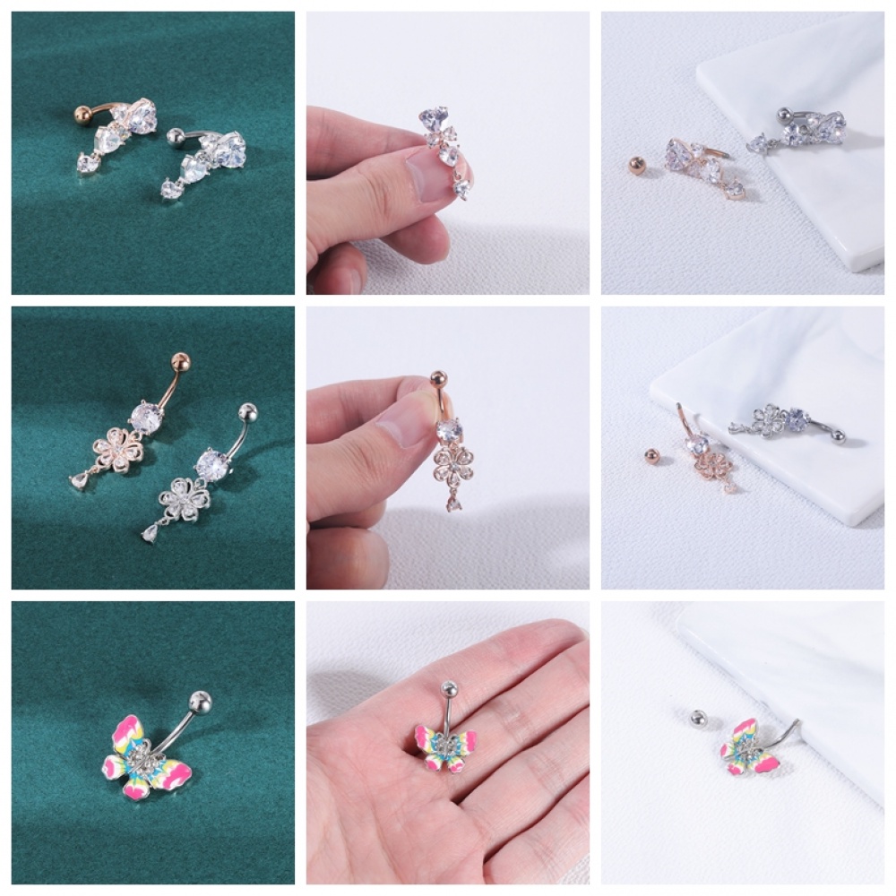 1pc Cincin Tindik Pusar Bentuk Kupu-Kupu Bahan Stainless Steel Anti Alergi Aksen Kristal