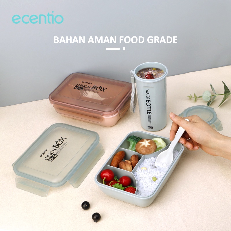 ecentio &amp; FOODI 4 Sekat Grid 1100ml Kotak Makan Set anak dan 500ml botol/Lunch Box Set 4 Grid Kotak Bekal Makan Botol Minum Free Sendok Tempat Makanan anak kecil BPA free