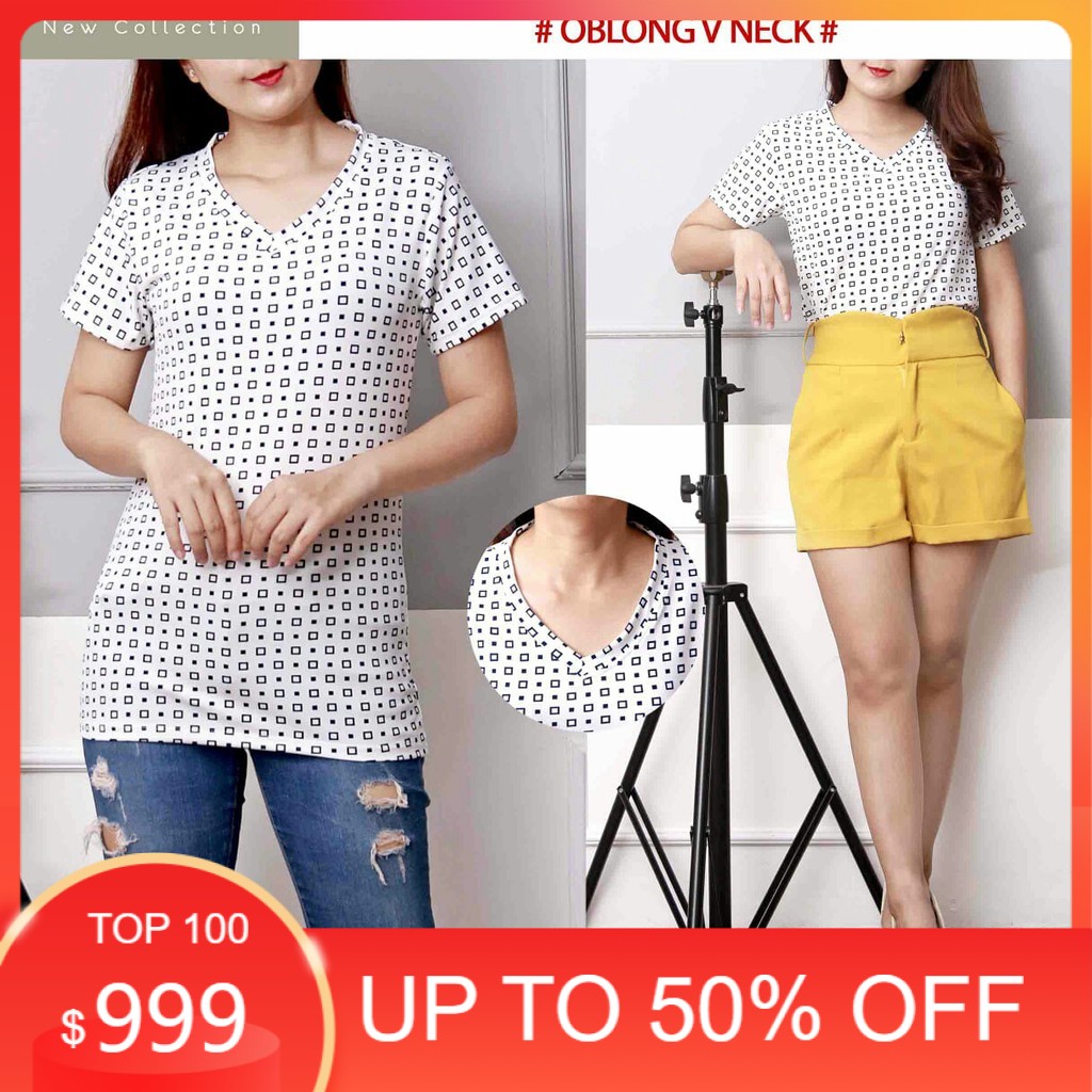 ANIMOS / pakaian wanita / BAJU VNECK KOTAK / atasan wanita lengan pendek