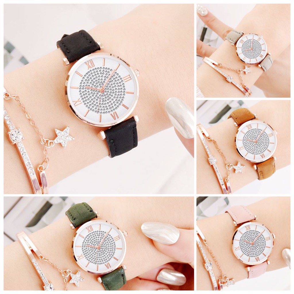 Jam Tangan Fashion Wanita Arloji Kuarsa Gelang Tali Dua Potong Starry PU Klasik Arloji/Jam Analog