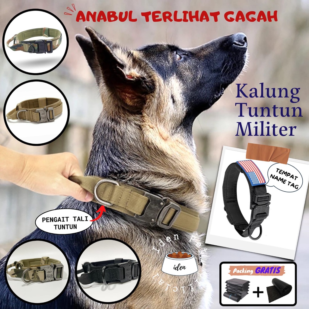 Kalung Anjing Besar Kecil Kuat Rompi Harness Tuntun Militer Tag Nama Dog Army Collar