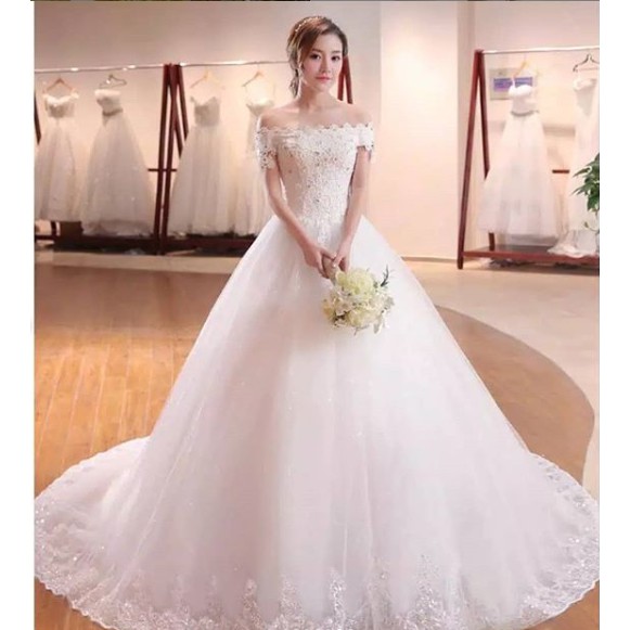 Gaun Sabrina Putih ekor wedding dresses