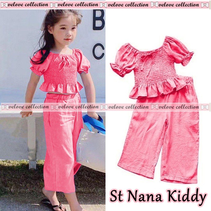 St Nana kids Setelan Chaca Kiddy Sabrina Kerut / Sabrina Serut Anak / Atasan Anak Perempuan / Blouse Korean Style + Celana denim setelan anak usia 3-5tahun