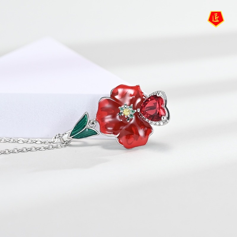 [Ready Stock]Exaggerated Rose Ruby Heart-Shaped Ring Earrings Pendant Set