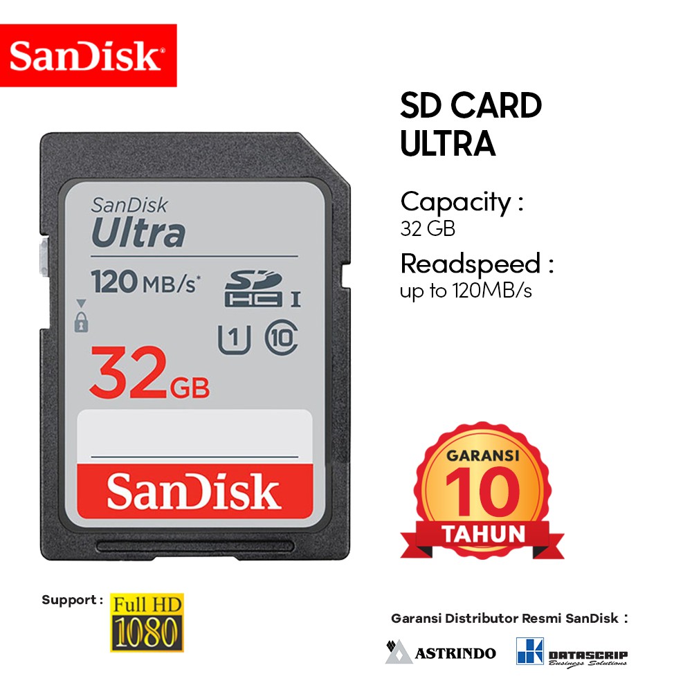 Jual SD Card 32GB SanDisk Ultra UHSI Class 10 up to 120Mbps Garansi Resmi 10 Tahun Indonesia