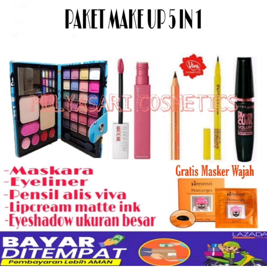 Paket Kosmetik Wanita Lengkap Komplit - Paket Makeup 5 in 1 Termurah - Eyeshadow Dompet Ukuran Besar