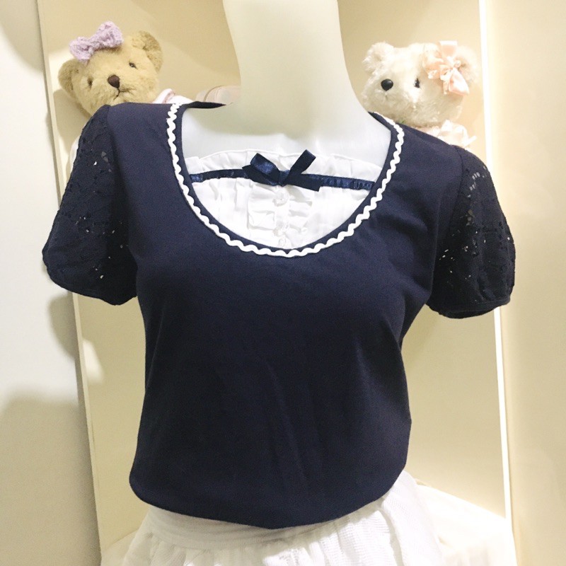 Jual Prenois : Blouse lengan brukat navy lolita | Shopee Indonesia