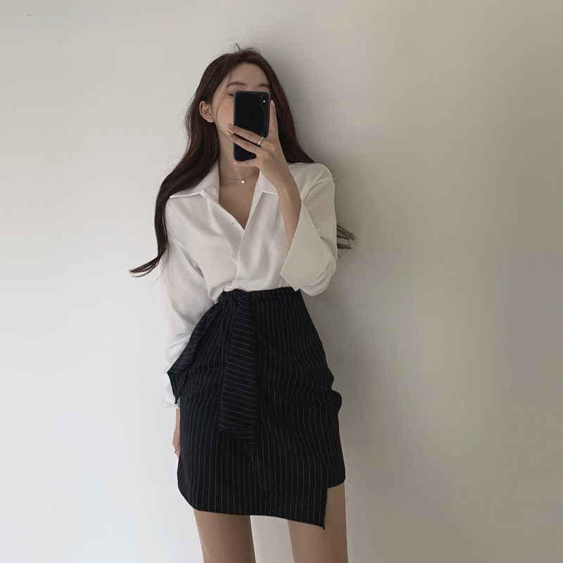 Blus setelan geng + set dua potong rok A-line pinggang tinggi