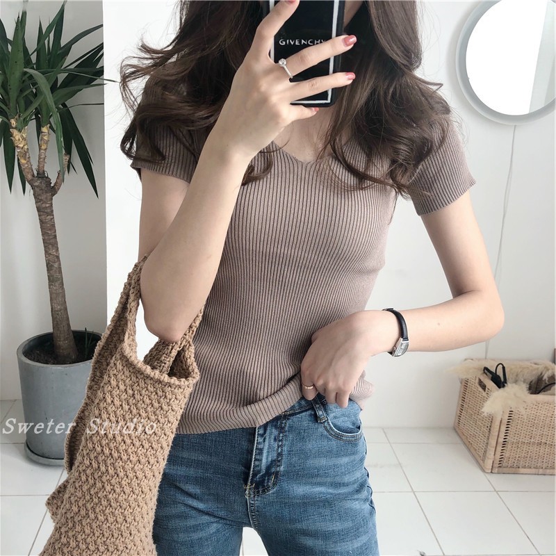 Baju Atasan Wanita Korea Impor V-neck sutra rajutan lengan pendek T-shirt