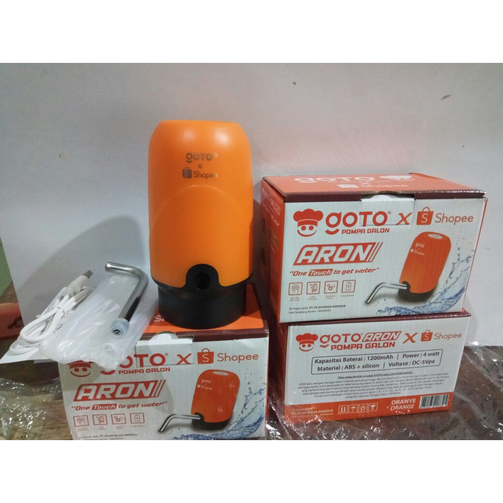 GOTO Aron X Shopee Pompa Galon Elektrik Pencetan Air Minum Otomatis Murah Dispenser Alat Pemompa Kompa Kran Pancuran Galon Bawah Baterai Cas Automatic Water Pump Electric USB Charger Portable Recharge Warna Orange Original Goto Hardware ok