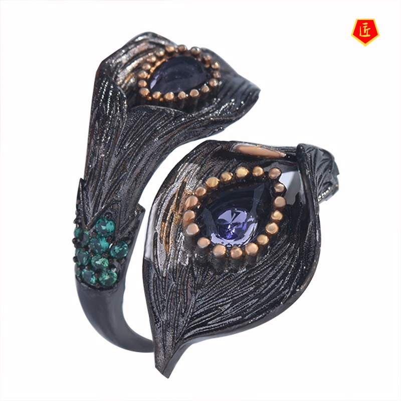 [Ready Stock]Gothic Style Black Gold Common Calla Leaf Two-Tone Ring