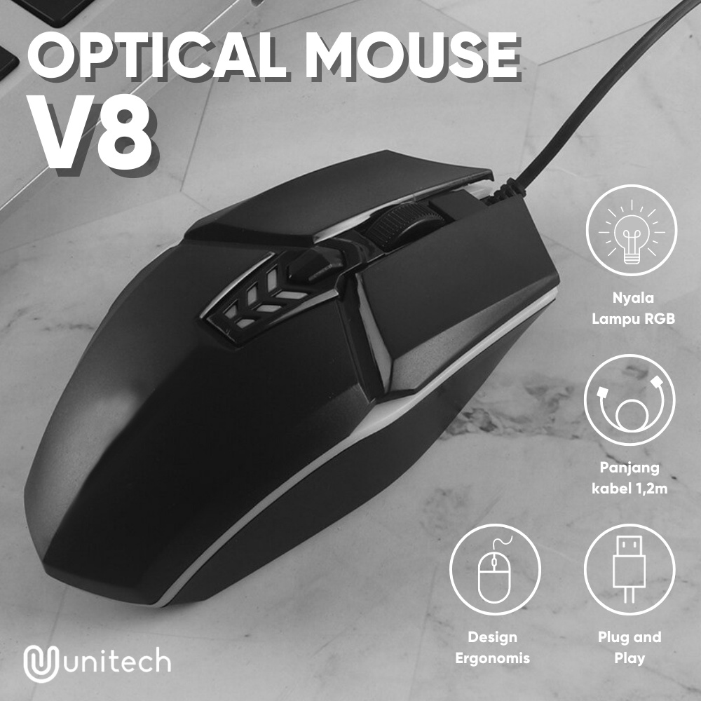 Mouse Gaming Kabel USB Unitech 1200DPI Dengan 7 Lampu LED V8