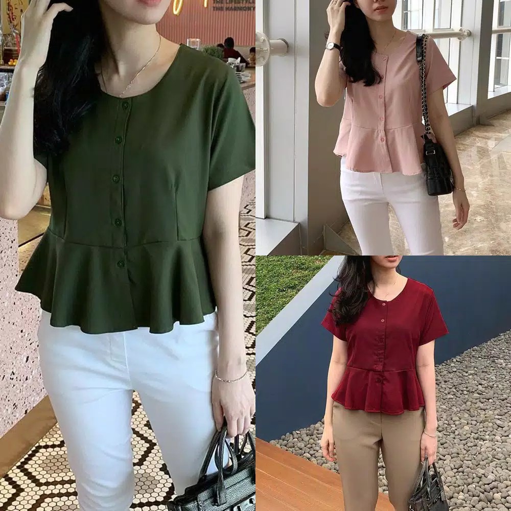 FEBY Top Peplum Moscrepe Halus Good Quality / Blouse Wanita Moscrepe Halus Kancing Hidup