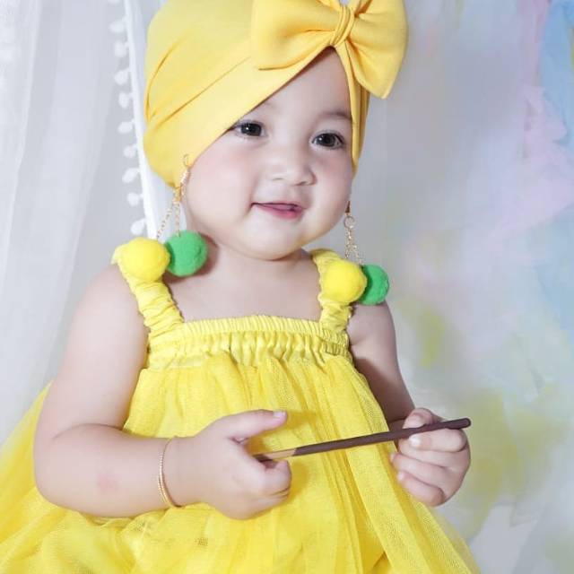 Turban anak anting pompom kombinasi