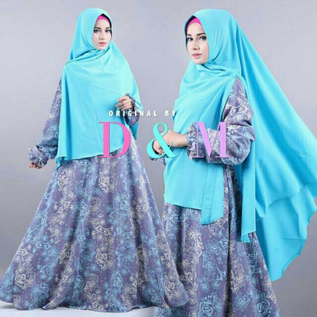 Gamis Syari monalisa Shabby Khimar Dress maxi Grosir Hijab bubblepop crepe batik blue biru floral