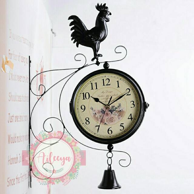 Jam gantung shabby vintage 2 sisi model ayam hitam