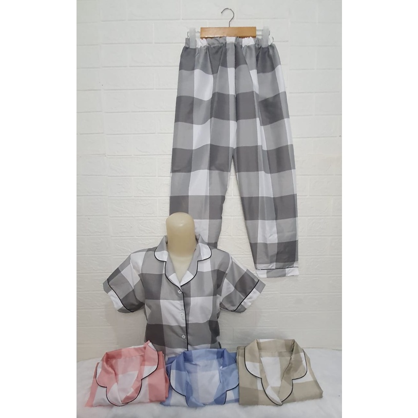 Setelan Lengan Pendek Piyama Baju Tidur Wanita Guilen Kotak Pajamas Cewek Dewasa Kekinian Abg-L NONA Pendek Hitam