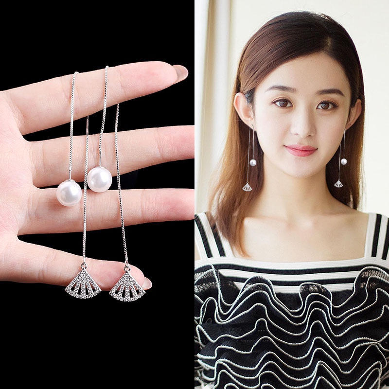 925 rumbai kipas berbentuk telinga panjang garis Korea temperamen anting-anting wanita anting-anting