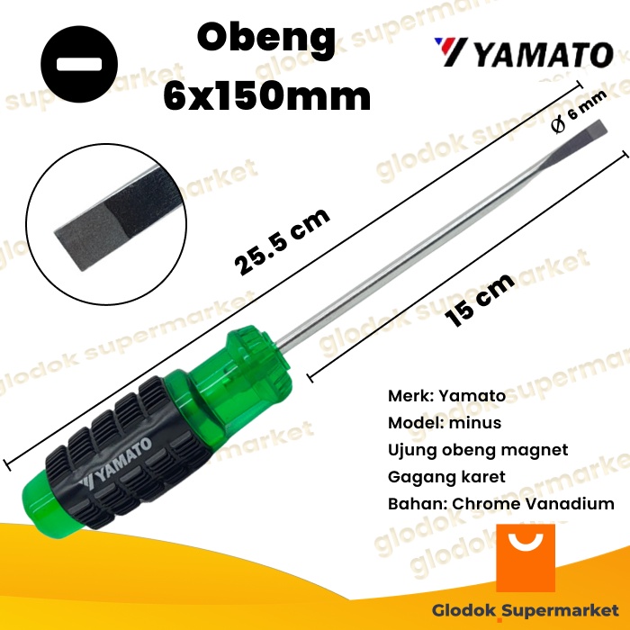 Obeng Minus 6 inch Yamato Diameter 6mm Panjang Besi 15cm Magnet Gagang Karet