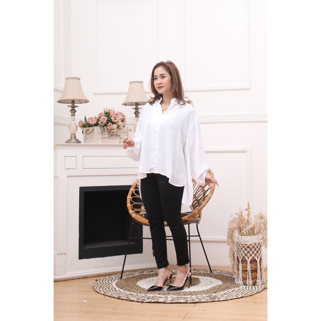 Kemeja Wanita Blouse Oversize Baju Rayon Import Crinkle Korea Kerja Polos Lengan Panjang Atasan Cewe