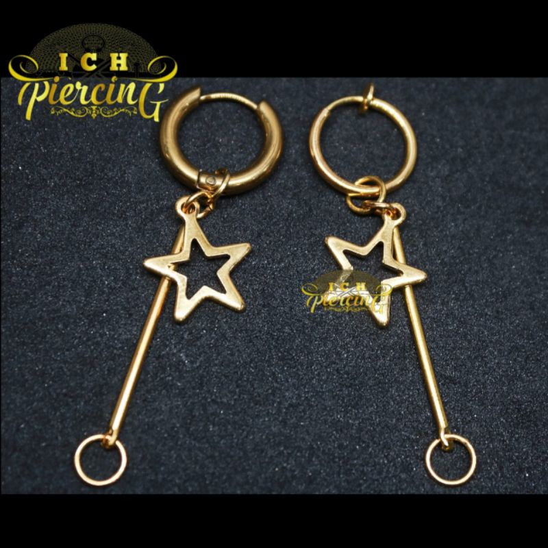 VIRAL Anting HOOP Bintang Batang Ring Gold Titanium steel / Anting Pria wanita / Anting K-Pop / Anting BTS/ Anting Terbaru / Anting Hits / Anting Terlaris