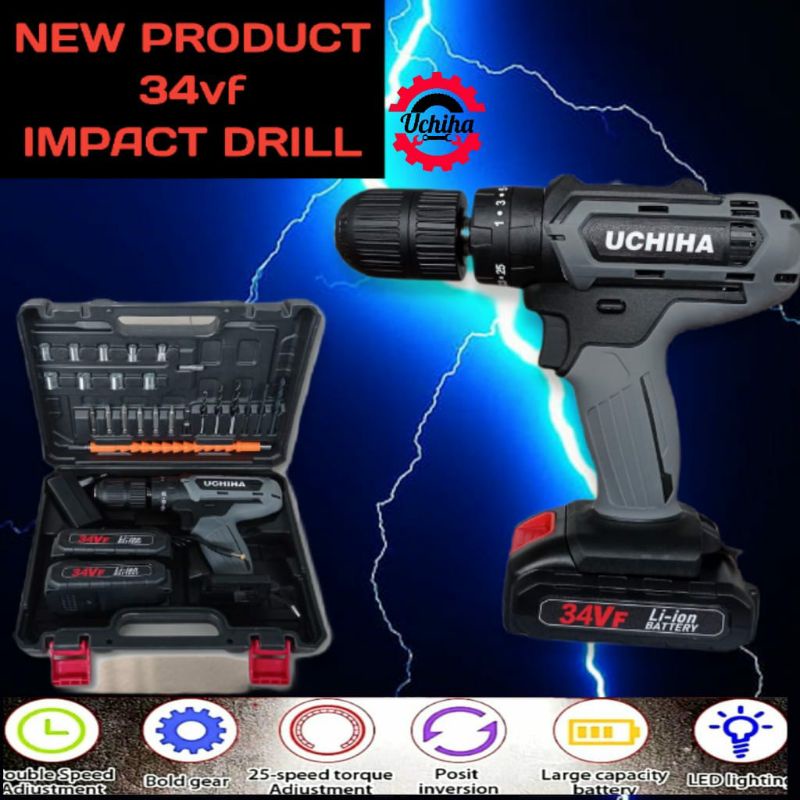 promo Mesin Bor Baterai Cordless Impact Drill Merk Uchiha 10mm Type 34vf 25 Torsi full set.