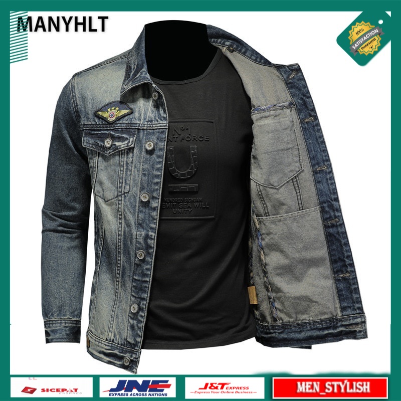 Jaket Denim Pria Original Premium Spring And Autumn  New Men's Solid Color Retro Washed Flight Suit 