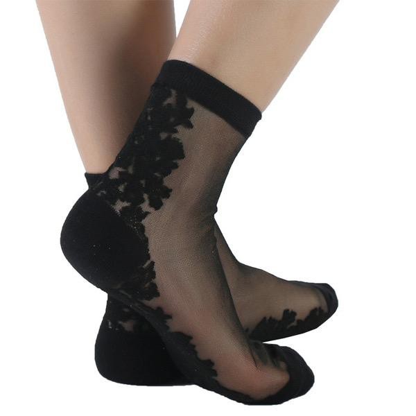 Kaos Kaki WANITA Transparan Printing Bunga / Ultra Thin Crystal Mesh Ankle Socks