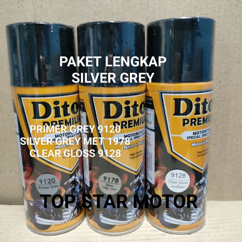 Pilok Paket Lengkap Cat Diton Premium Primer Grey 9120 Silver Grey Met 9178 Clear Gloss 9128 400cc.. Pilok Paketan Silver Grey Met Cat Semprot Diton Premium 400cc