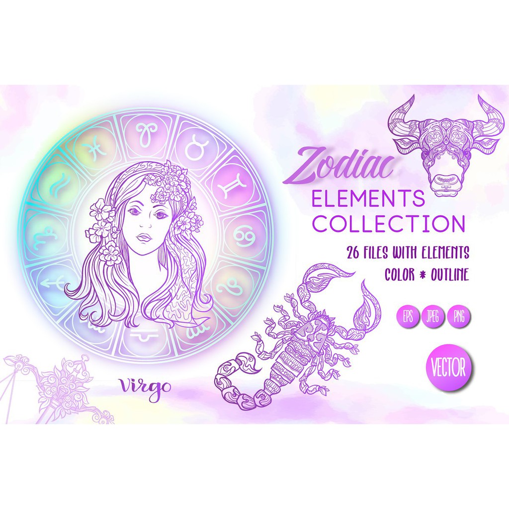 Zodiac Elements - Colored &amp; Outline - Vector Designs