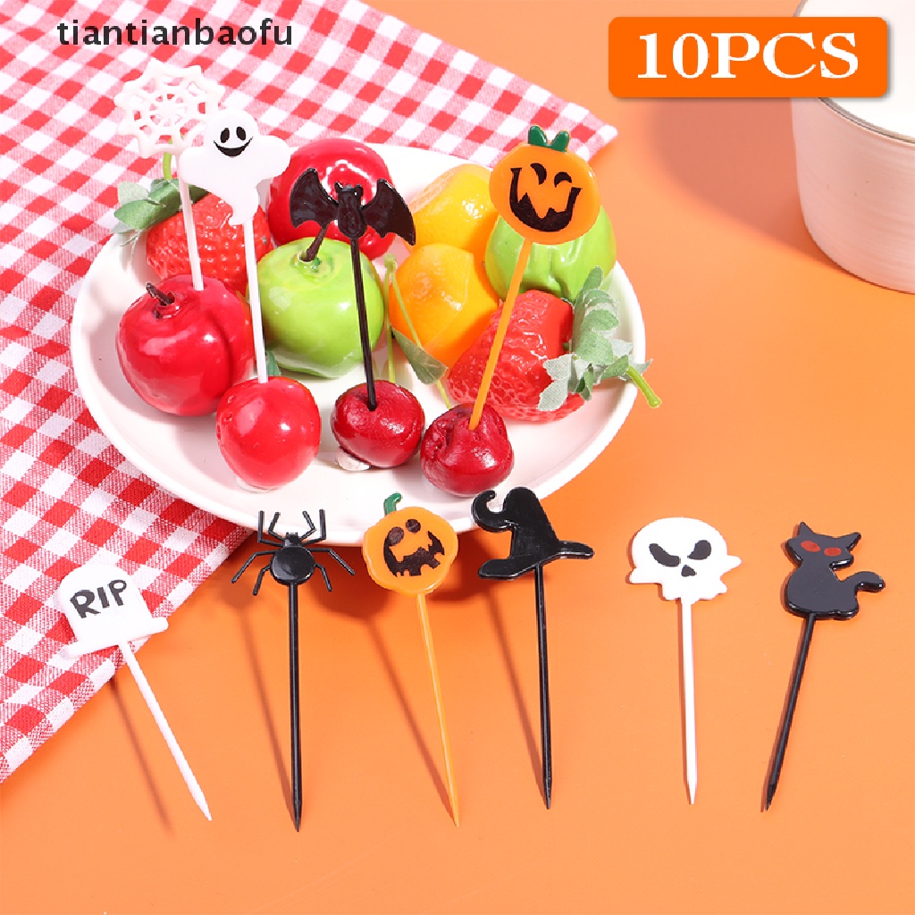 10pcs / Set Tusuk Gigi Buah / Dessert Desain Kartun Halloween Untuk Pesta