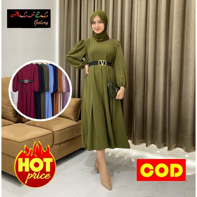 Dress Dres Gamis Tunik Baju Atasan Kondangan Wanita Hitam Muslim Hijab Midi Kekinian Polos Remaja Le