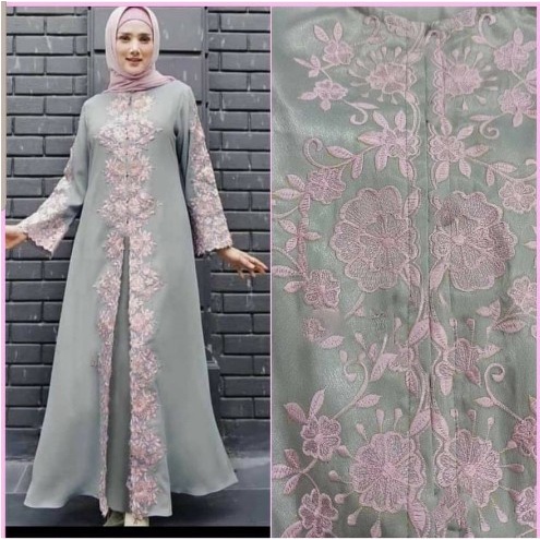 Baju Lebaran Gamis Brokat Terbaru 2022 Maxy Dress Syari Wanita Dewasa - Abu-abu