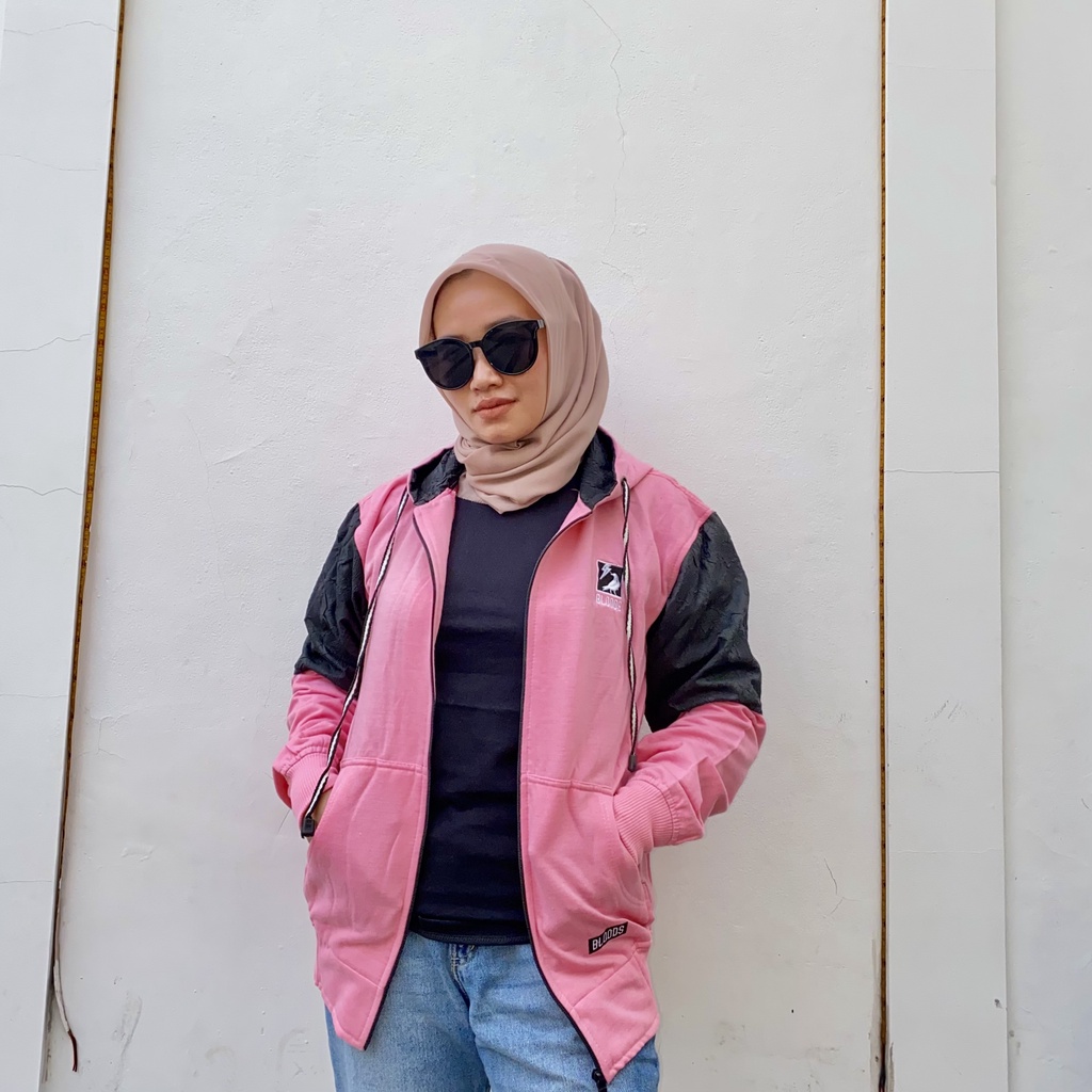 Jaket Sweater Zipper Bordir Kombinasi Qwilting PINK BLDS