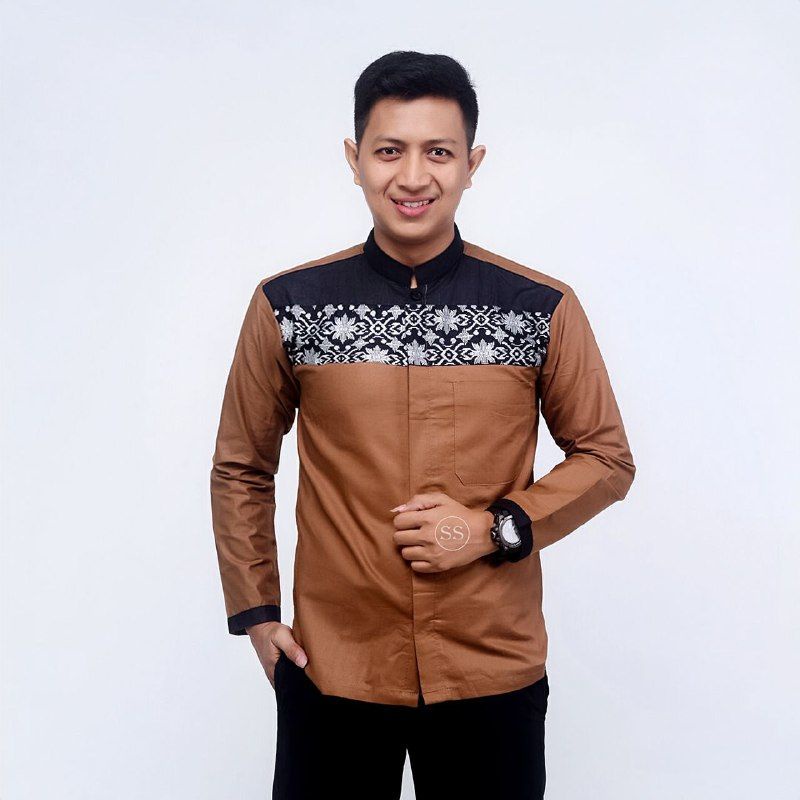 Baju Koko Pria Lengan Panjang Motif Kobata Kombinasi Batik Warna Coksu