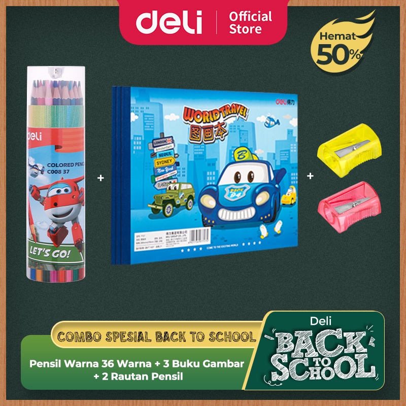 

[ DELI Back to School COMBO HEMAT 6] Pensil Warna 36 warna, Buku mewarnai anak, Rautan/Peraut/Pengserut