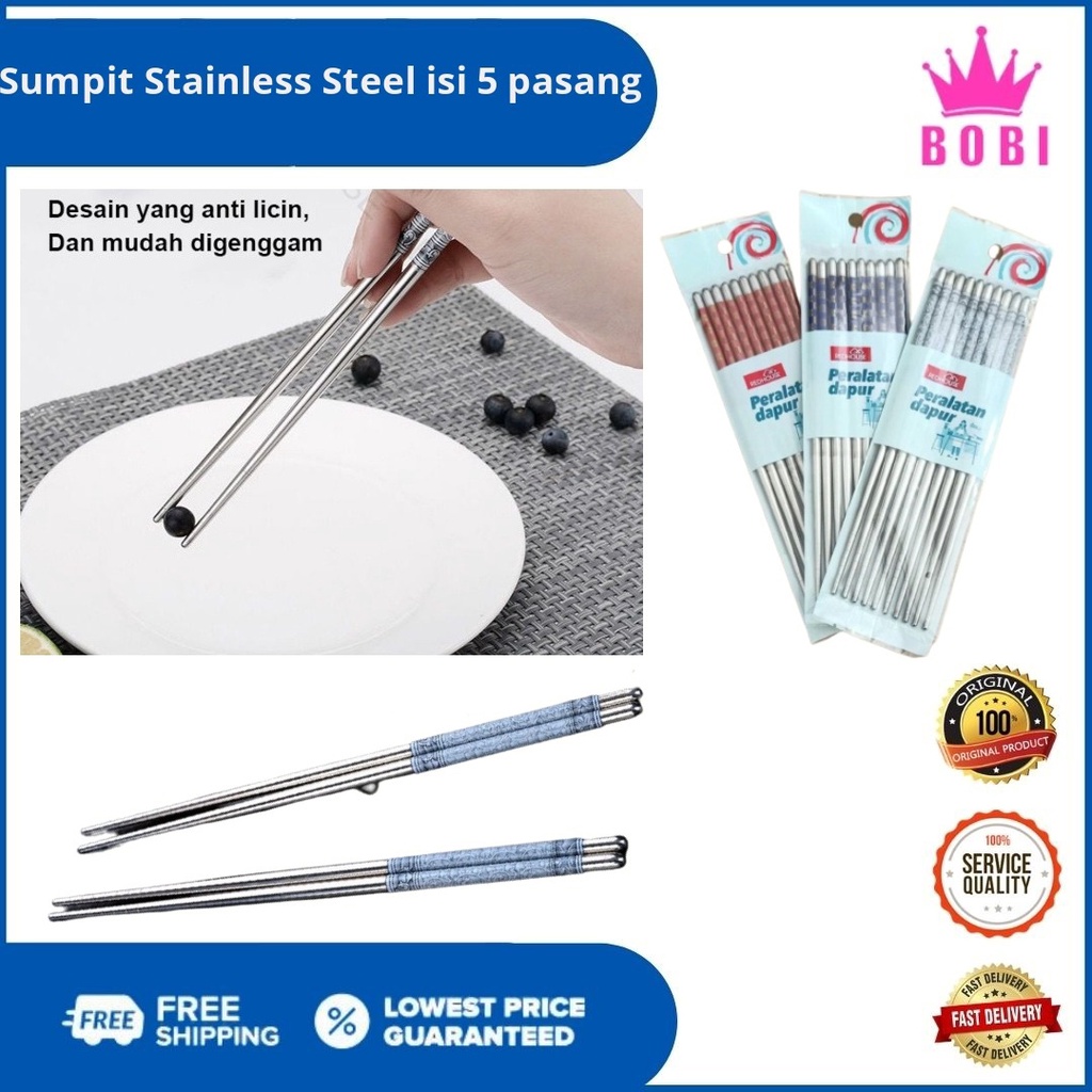 Sumpit Stainless Steel isi 5 pasang - Stainless Chopstick 5 set / Warna Random