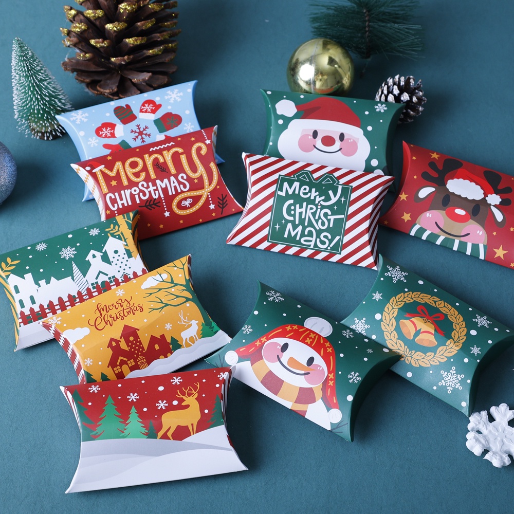 10pcs Kotak Penyimpanan Permen Motif Kartun Santa Snowman Bahan Kertas Kraft Untuk Dekorasi Natal