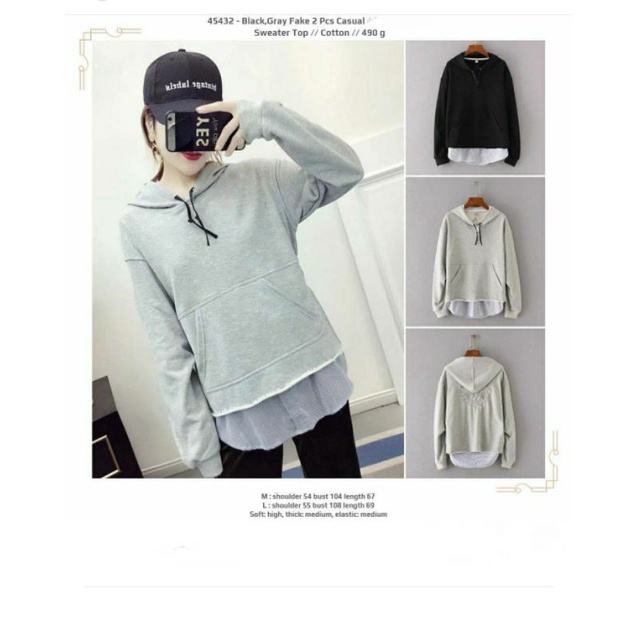 Kaos sweater cewek kupluk Abu Hitam bordir lengan panjang mix salur