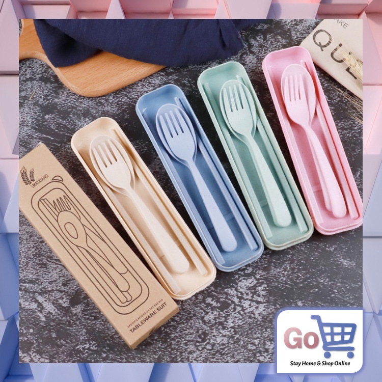 Go - H515 Sendok Set Garpu Sumpit + Kotak Bahan Jerami / Sendok Set 3 in 1 / Alat Set Makan