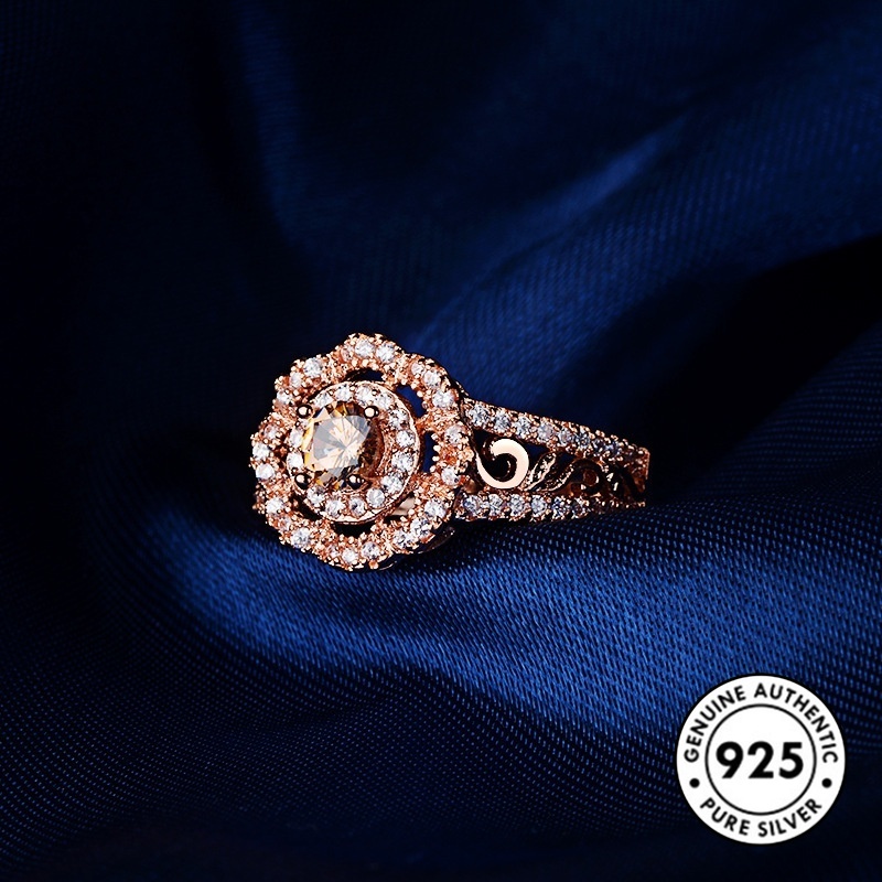 Cincin Sterling Silver 925 Model Bunga Warna Rose Gold Dengan Berlian Mewah Untuk Wanita