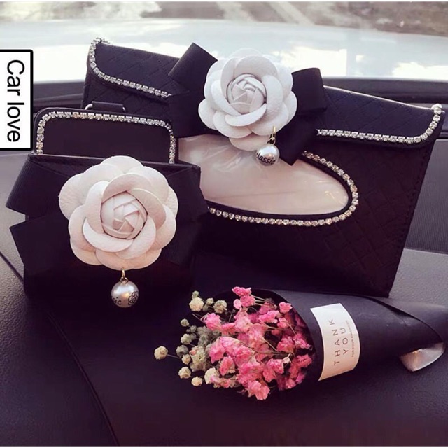 Barang mobil tempat tissue tempat hp bunga putih TISU KLIP // Tempat tissue sunvisor clip tisu mobil flower bunga kulit bling bling+pouch hp mobil